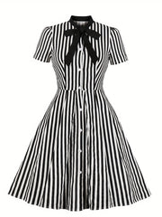 Stripe Print Button Up Short Sleeve Dress