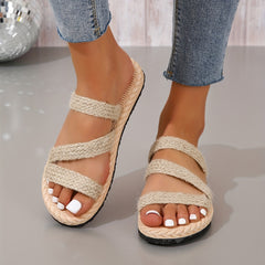 Women's Straw Braided Strap Flat Slides Non Slip Shoes