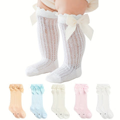 5 Pairs Casual Ruffled Bow Knit High Socks Girls Accessories