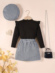 Girl's 3pcs Ribbed Top & Beret Hat & Houndstooth Skirt Set
