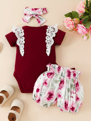 Newborn Short Sleeves Lace Romper Set with Graphic Bodysuit & Floral Shorts