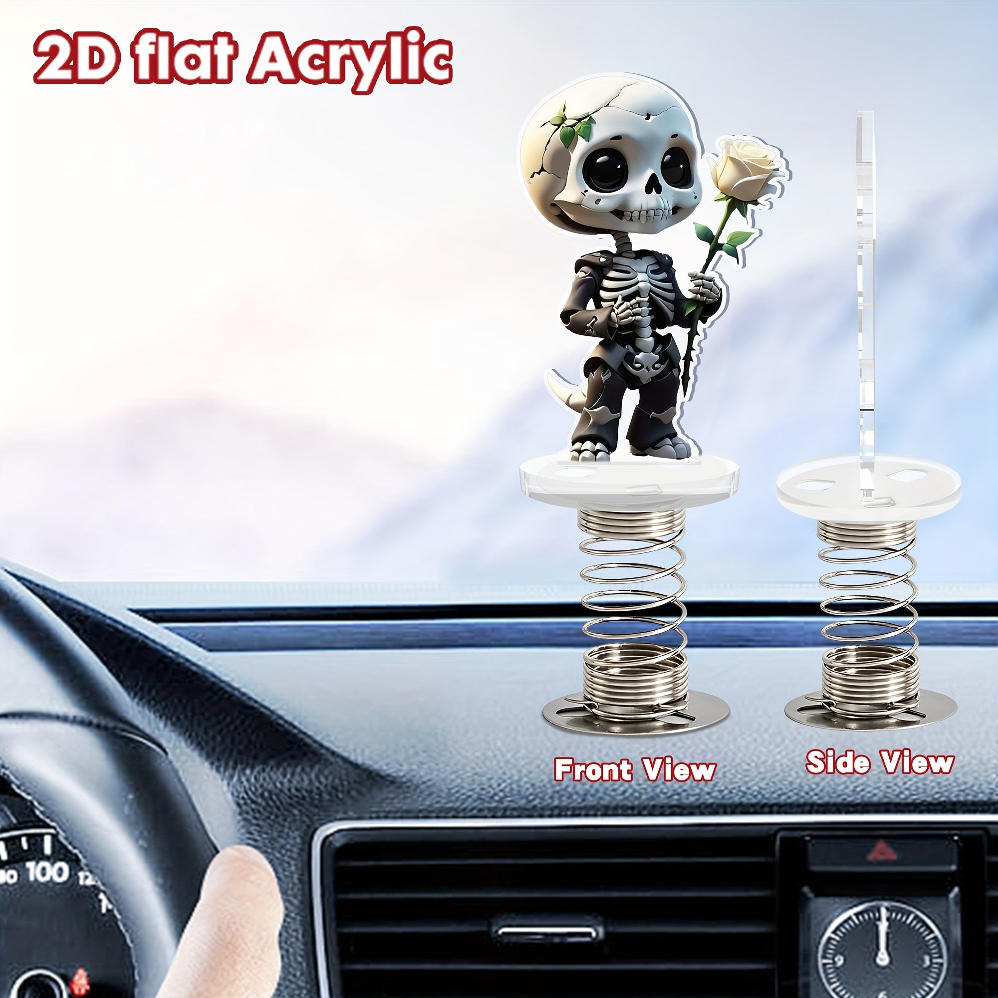 Acrylic Skull & Rose Car Bobblehead Ornament