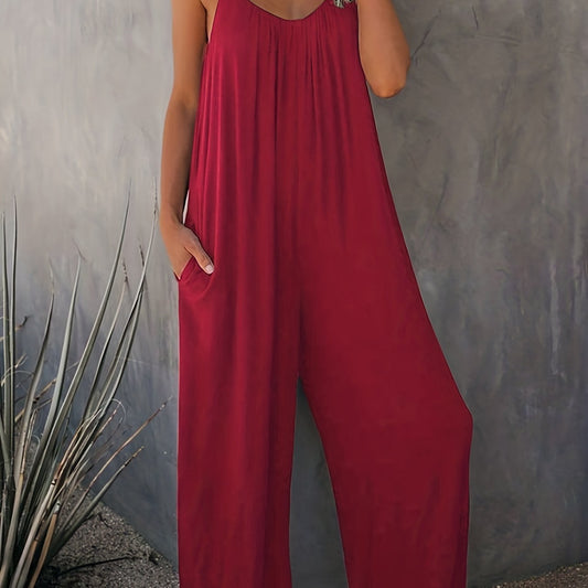 Solid Comfy V Neck Spaghetti Strap Jumpsuit
