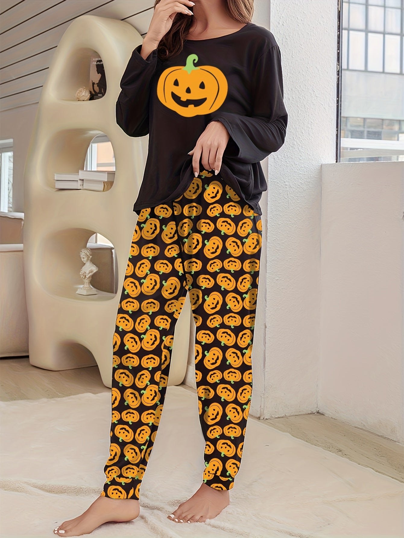 Pumpkin Print Pajama Set Long Sleeve Top & Pants Women's Sleepwear