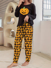Pumpkin Print Pajama Set Long Sleeve Top & Pants Women's Sleepwear