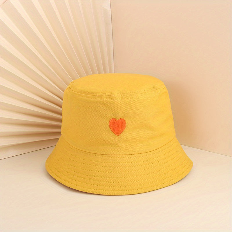 Peach Heart Embroidery Bucket Hat UV Protection Cotton Cloche