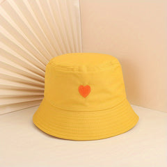 Peach Heart Embroidery Bucket Hat UV Protection Cotton Cloche