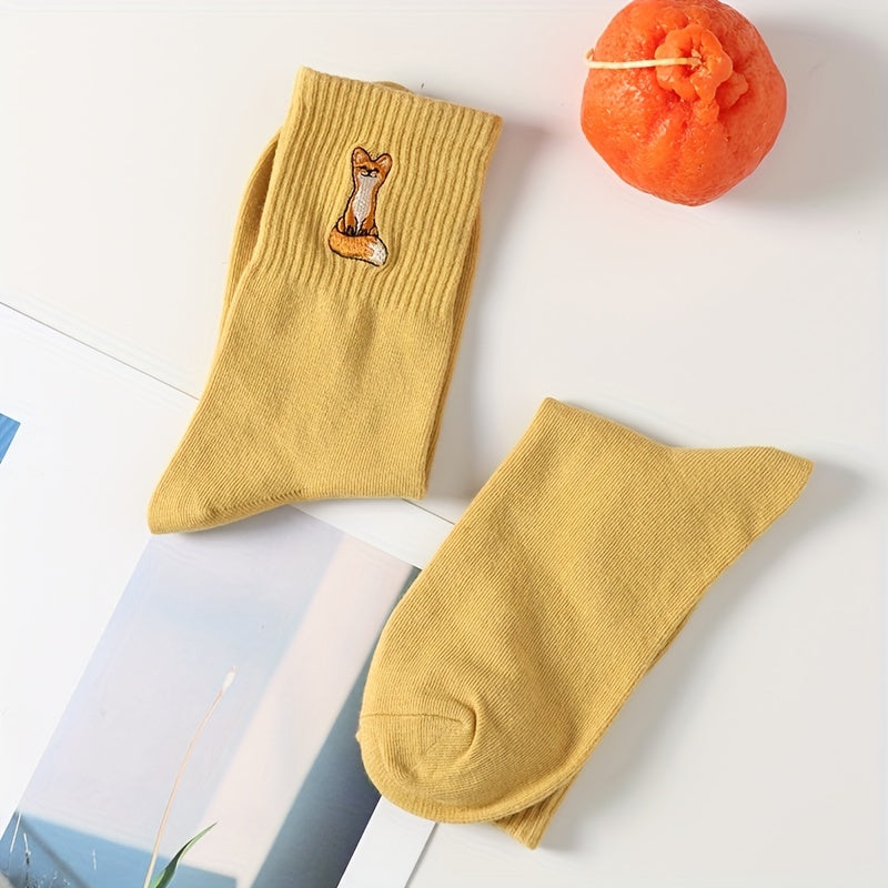 Fox Embroidery Mid Tube Socks for Women