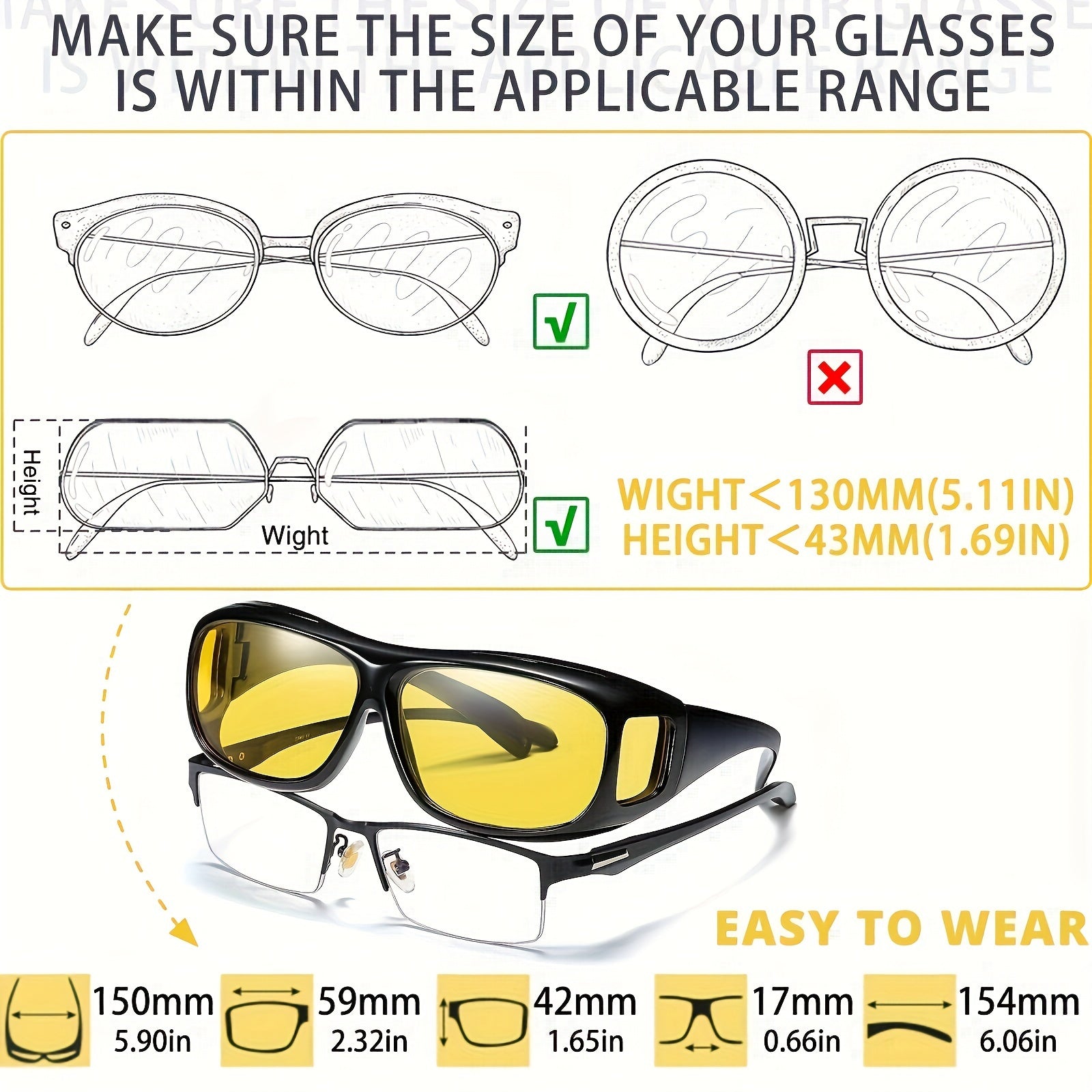 Night Vision Glasses Over Prescription Glasses Wrap Around Sunglasses