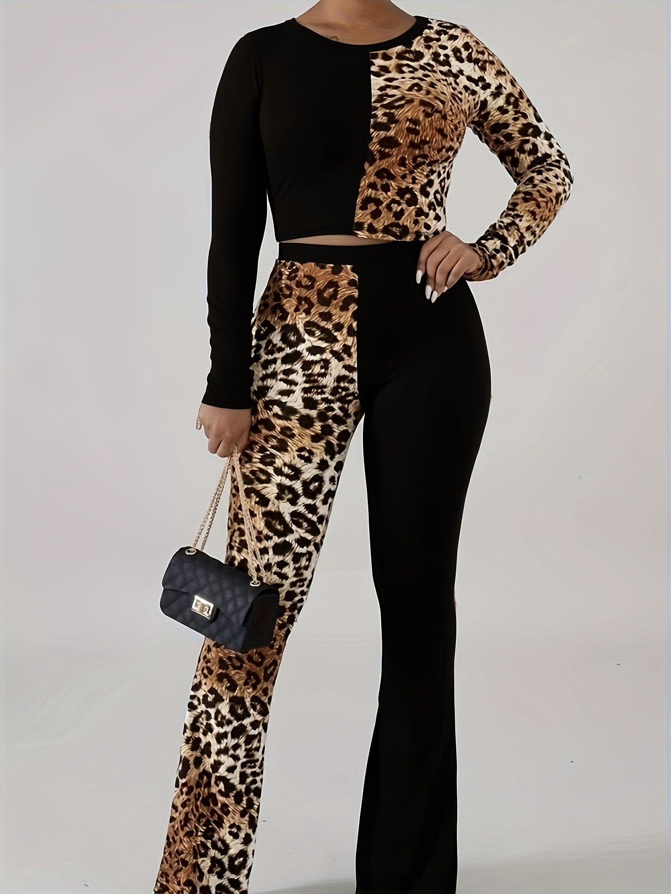 Colorblock Leopard Print Top & Pants 2 Piece Set