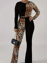 Colorblock Leopard Print Top & Pants 2 Piece Set