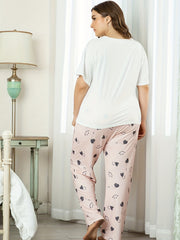 Heart Print Short Sleeve T shirt & Graphic Pants Pajamas Set