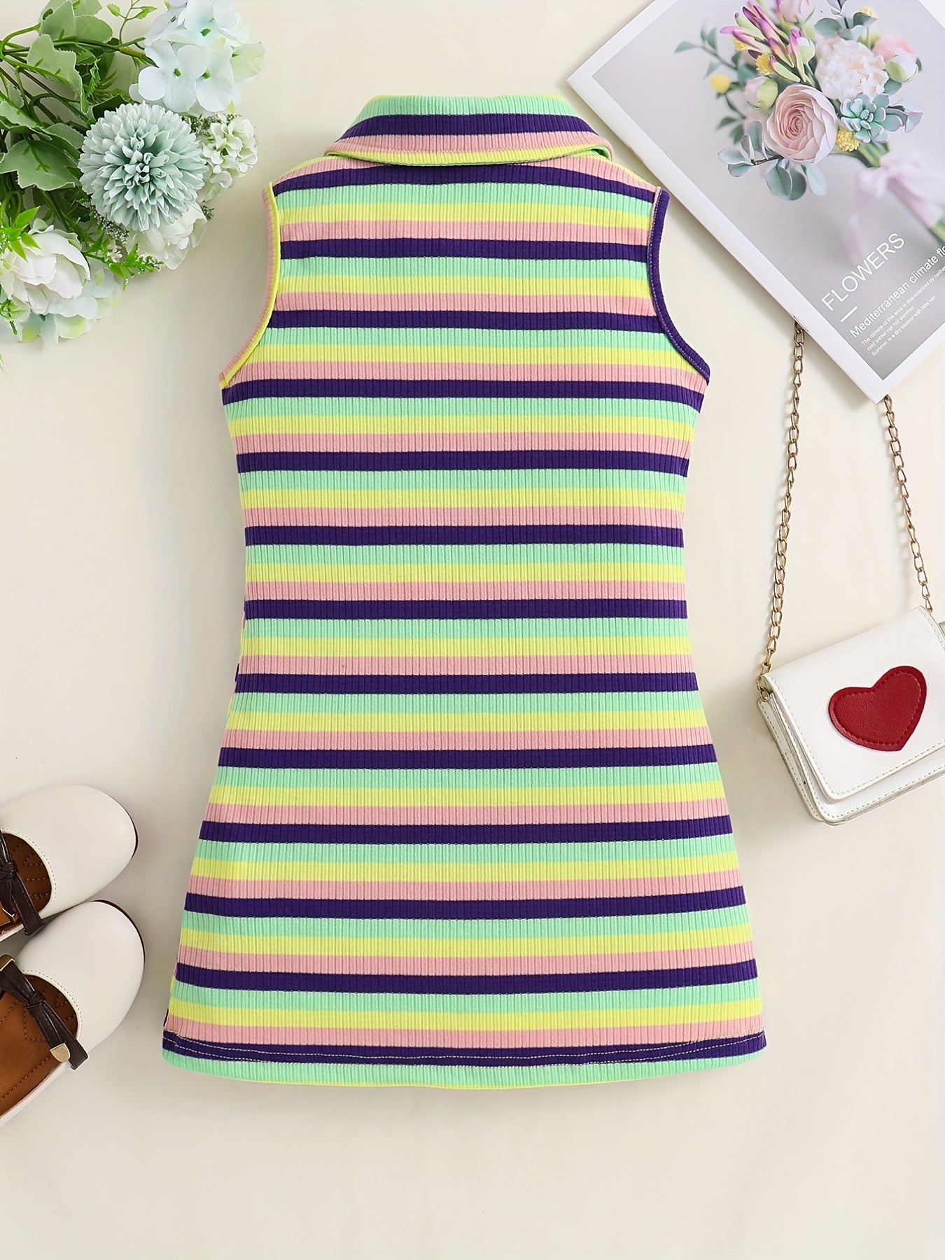 Rainbow Striped Ribbed Knit Polo Neck Dress for Toddler Girls