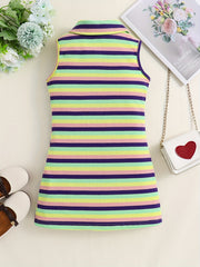 Rainbow Striped Ribbed Knit Polo Neck Dress for Toddler Girls