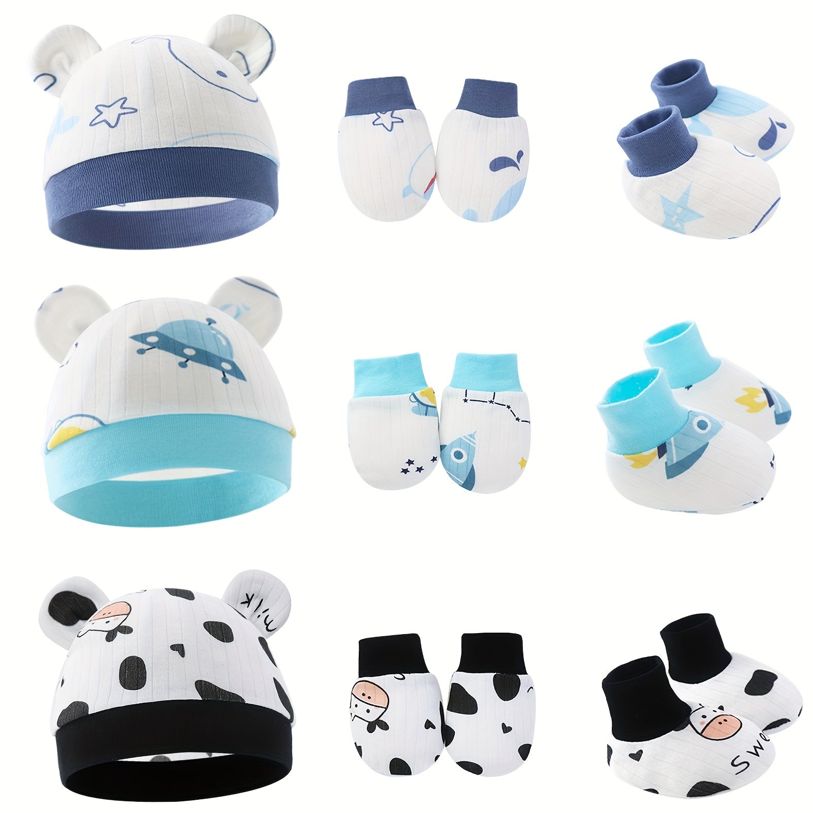 3 Piece Soft Cotton Newborn Baby Set: Beanie Knot Hat, Mittens & Socks