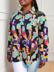 Figure Print Button Up Long Sleeve Blouse