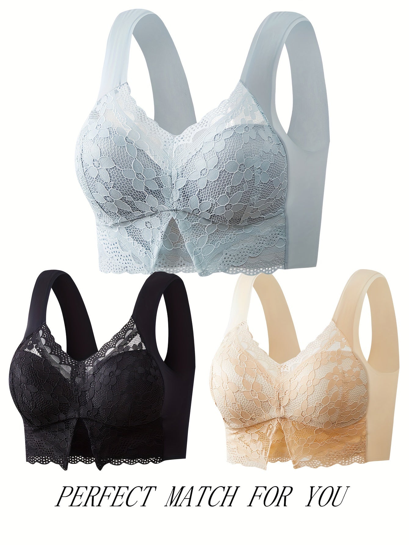3pcs Lace Wireless Bras Full Coverage Comfy & Breathable Women's Lingerie