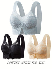 3pcs Full Coverage Lace Wireless Bras for Women's Lingerie