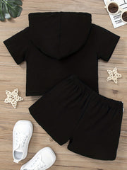 2pcs Girls Plaid Hooded T Shirts Zipper Tees Top & Shorts Set