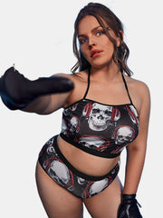 Plus Gothic Skull Halter Bra & High Rise Panty 2pcs Set