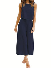 Solid 2pc Set Tank Top & Wide Leg Pants Outfit Women's Clothing