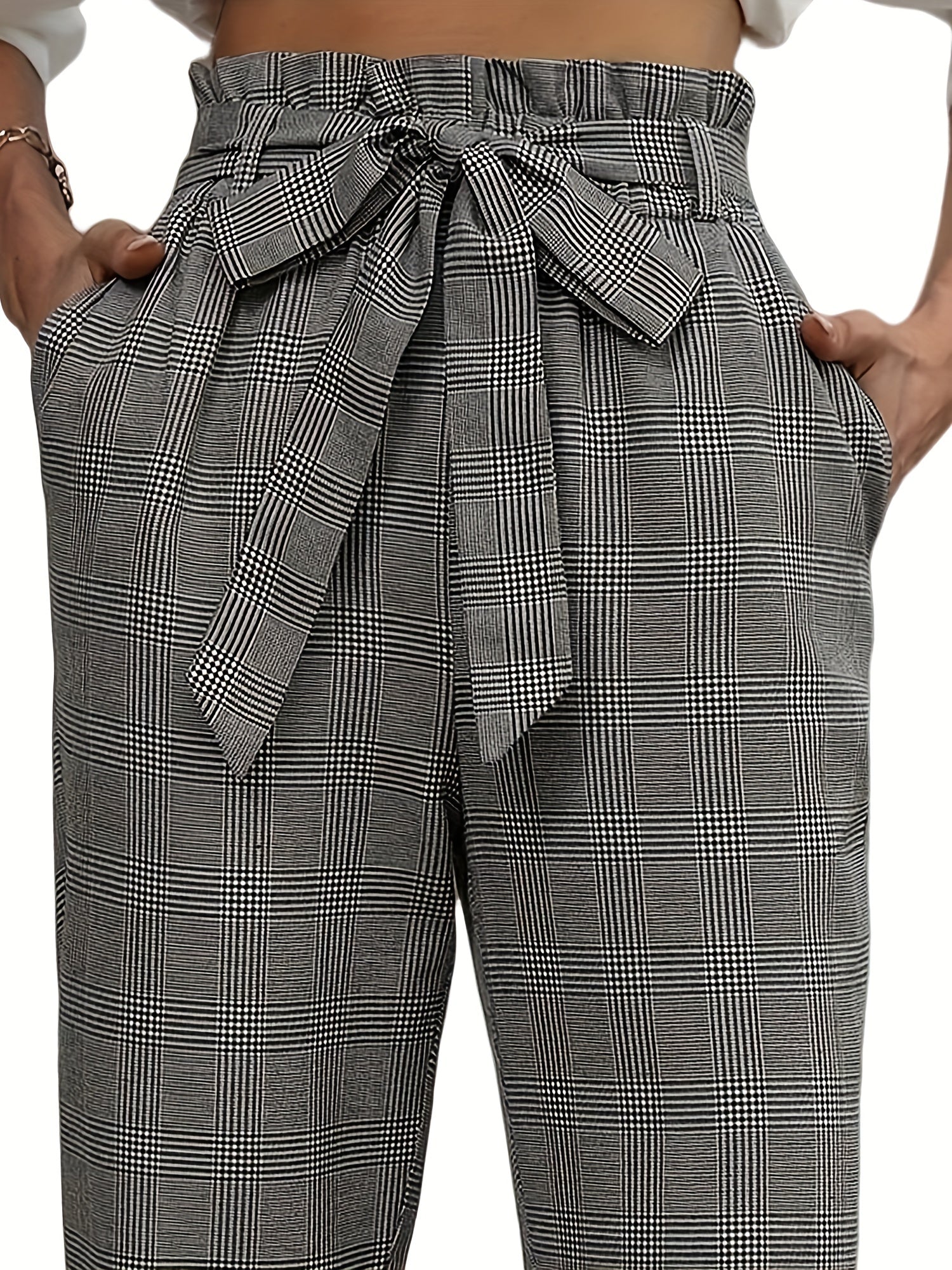 Plaid Print Belted Tapered Pants Paper Bag Waist