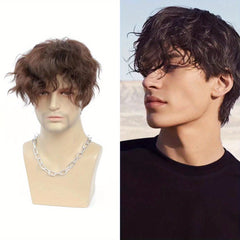 Brown Curly Hair With Bangs Men's Synthetic Wig For Daily Party