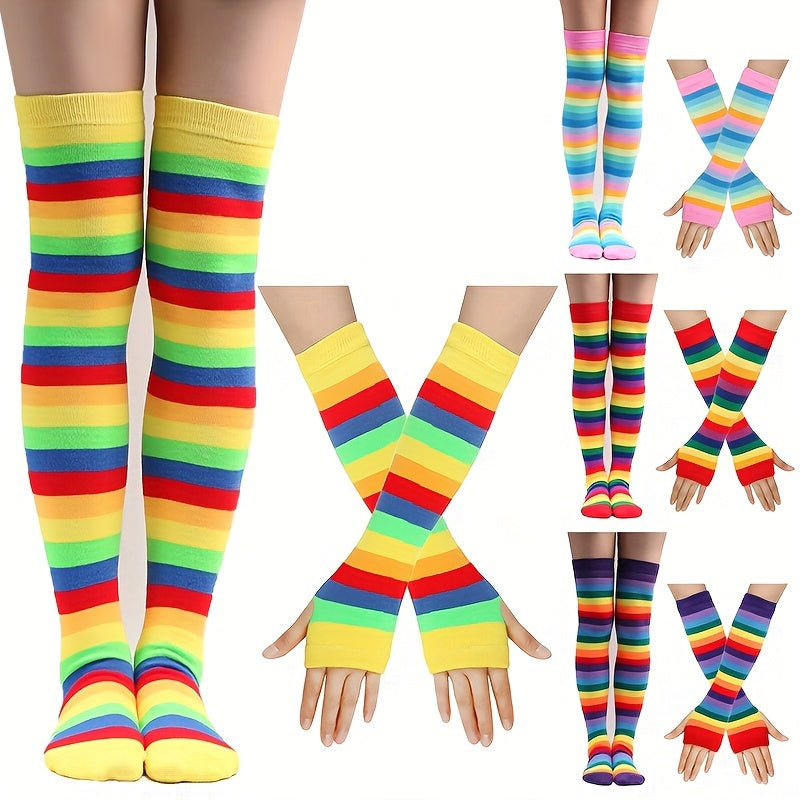 Striped Rainbow Knit Stockings & Gloves Set