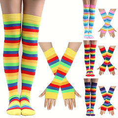 Striped Rainbow Knit Stockings & Gloves Set