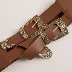 Vintage Double Layer Engraved Buckle Wide Elastic Girdle