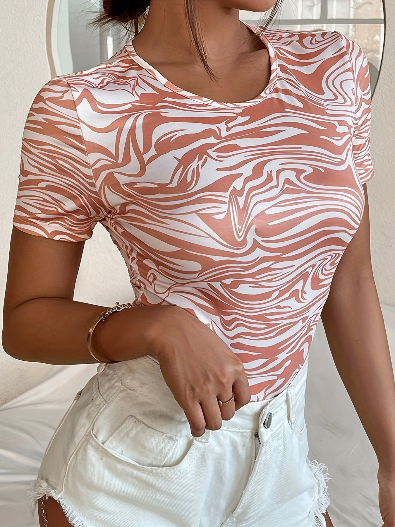 Boho Print Crew Neck Bodysuit for Women
