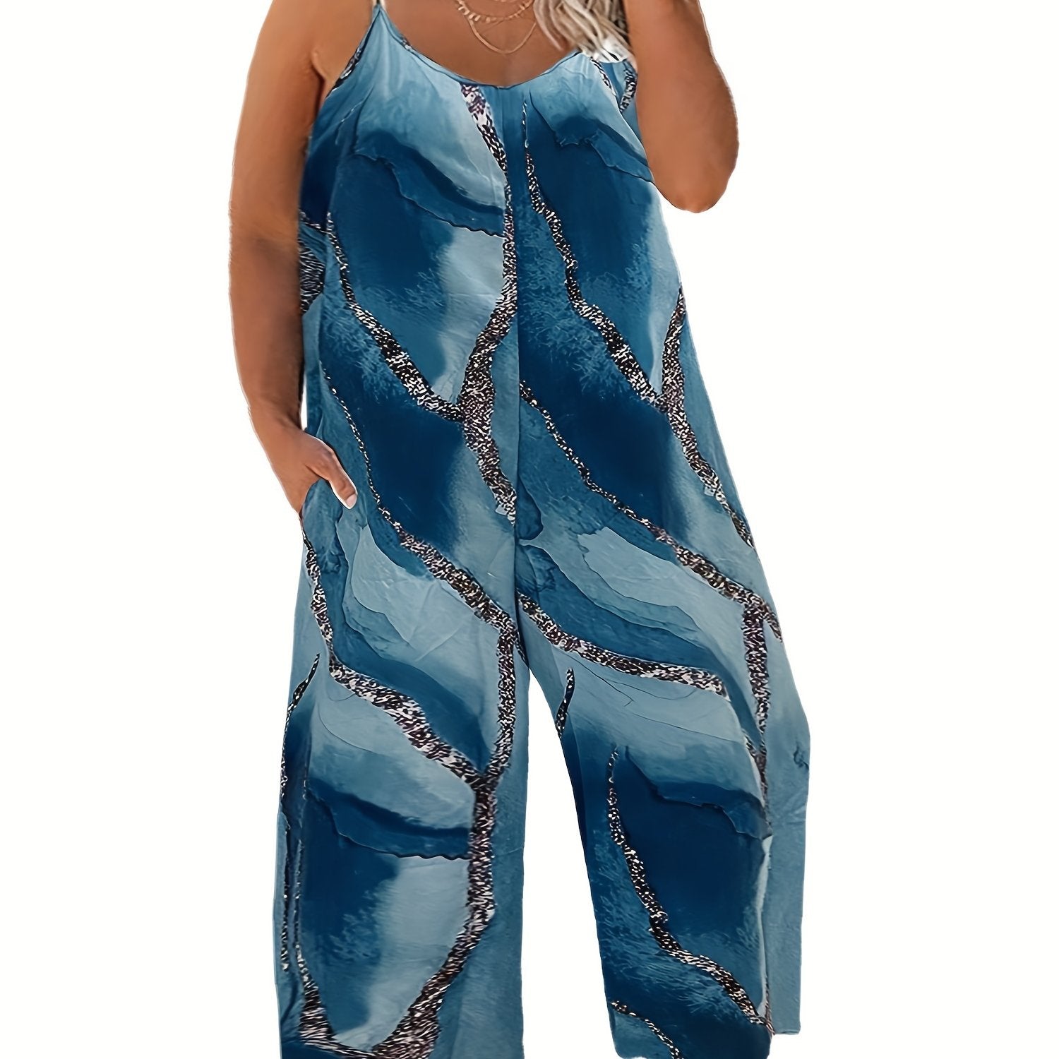 Marble Print Round Neck Wide Leg Cami Jumpsuit