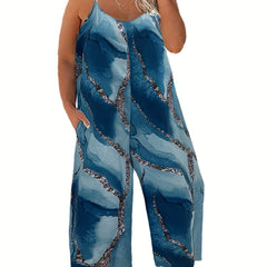 Marble Print Round Neck Wide Leg Cami Jumpsuit