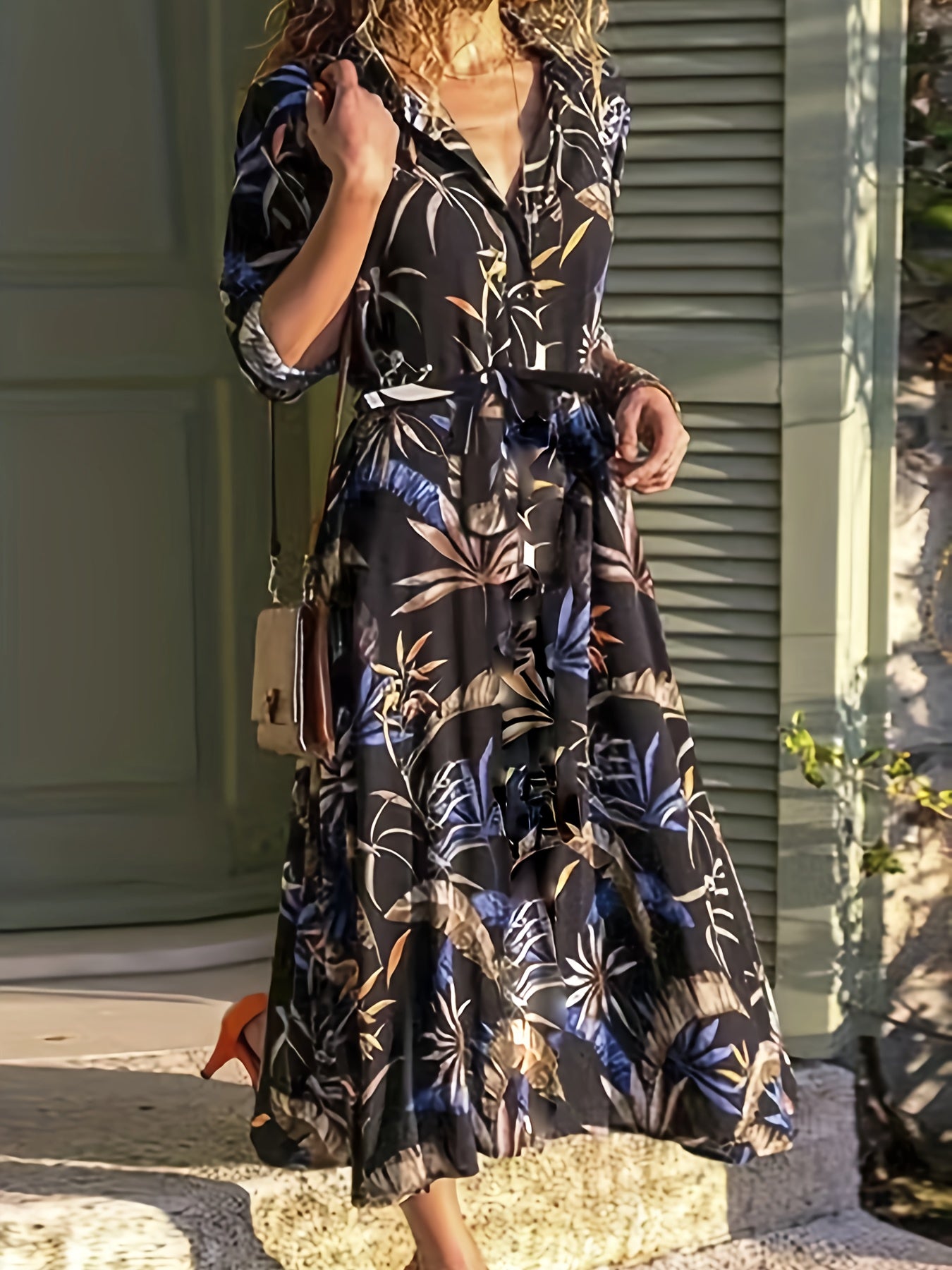 Leaf Print Long Sleeve Shirt Dress With Belt