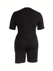 Solid Short Sleeve Round Neck Plus Size Romper