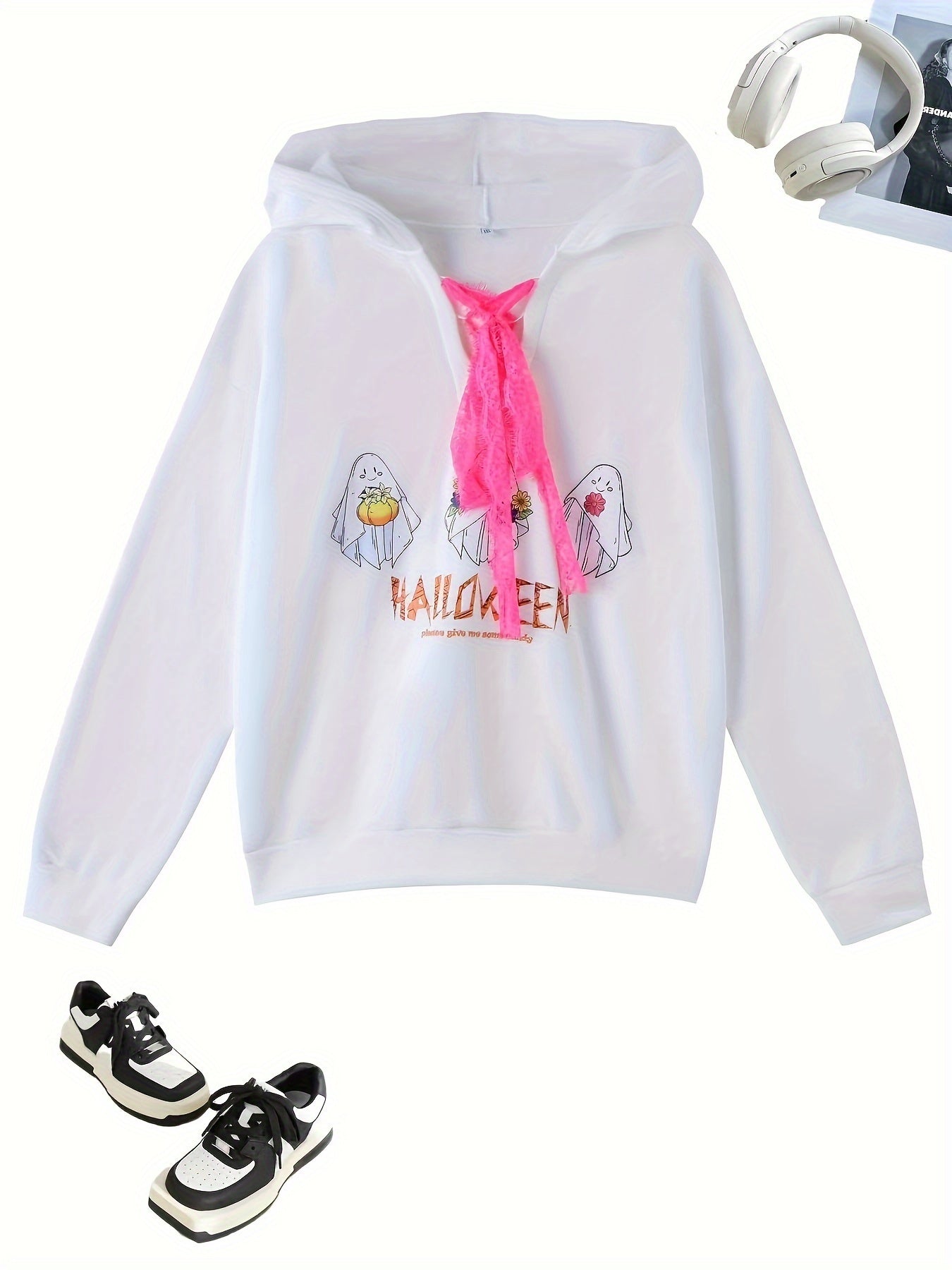 Women's Plus Ghost & Letter Print Lace Long Sleeve Hoodie