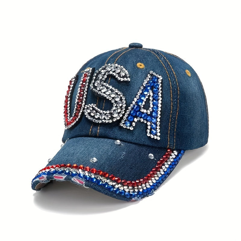 American Patch Baseball Cap with Rhinestone Decor
