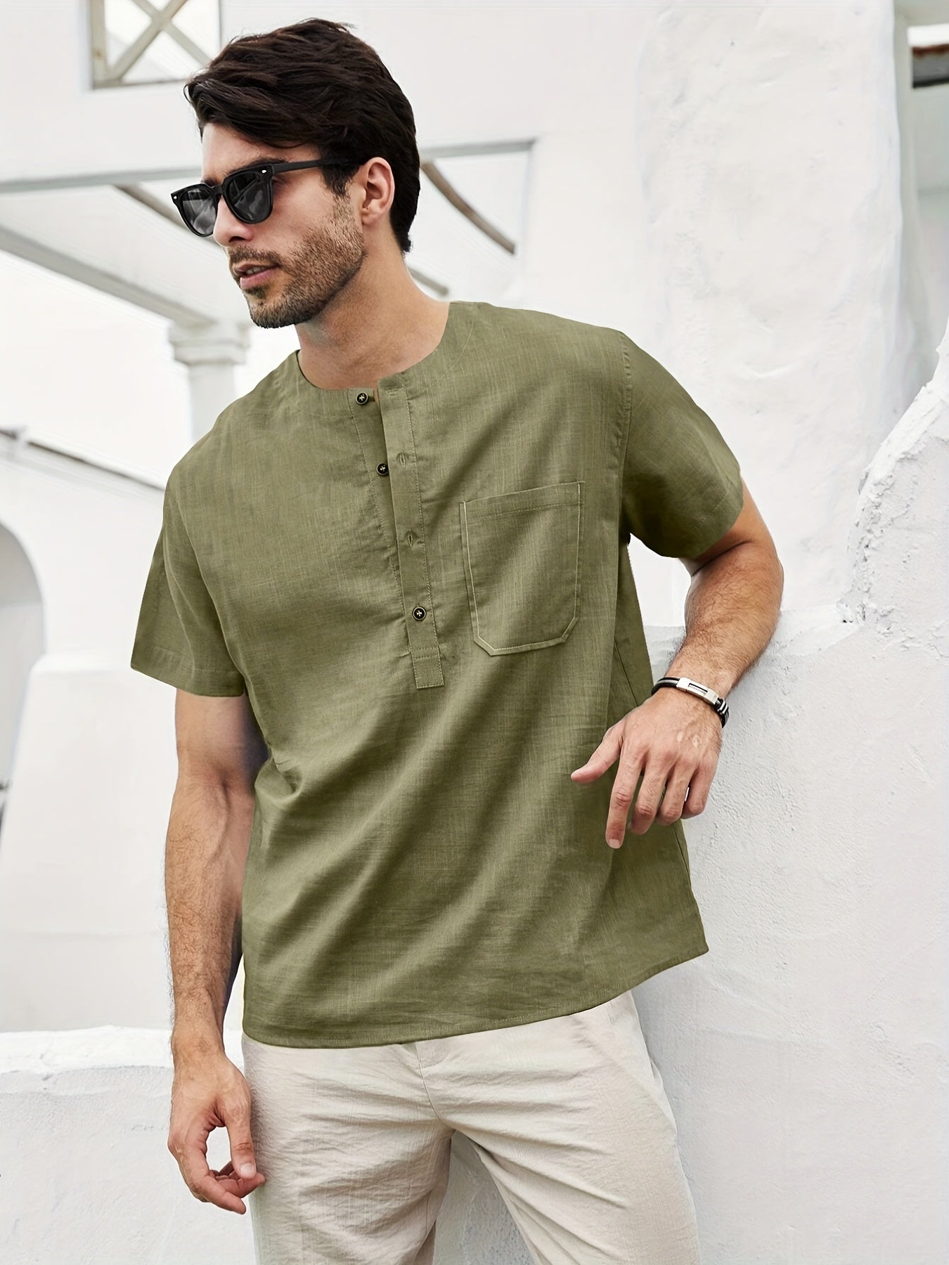 Men's Short Sleeve Shirt with Chest Pocket for Summer
