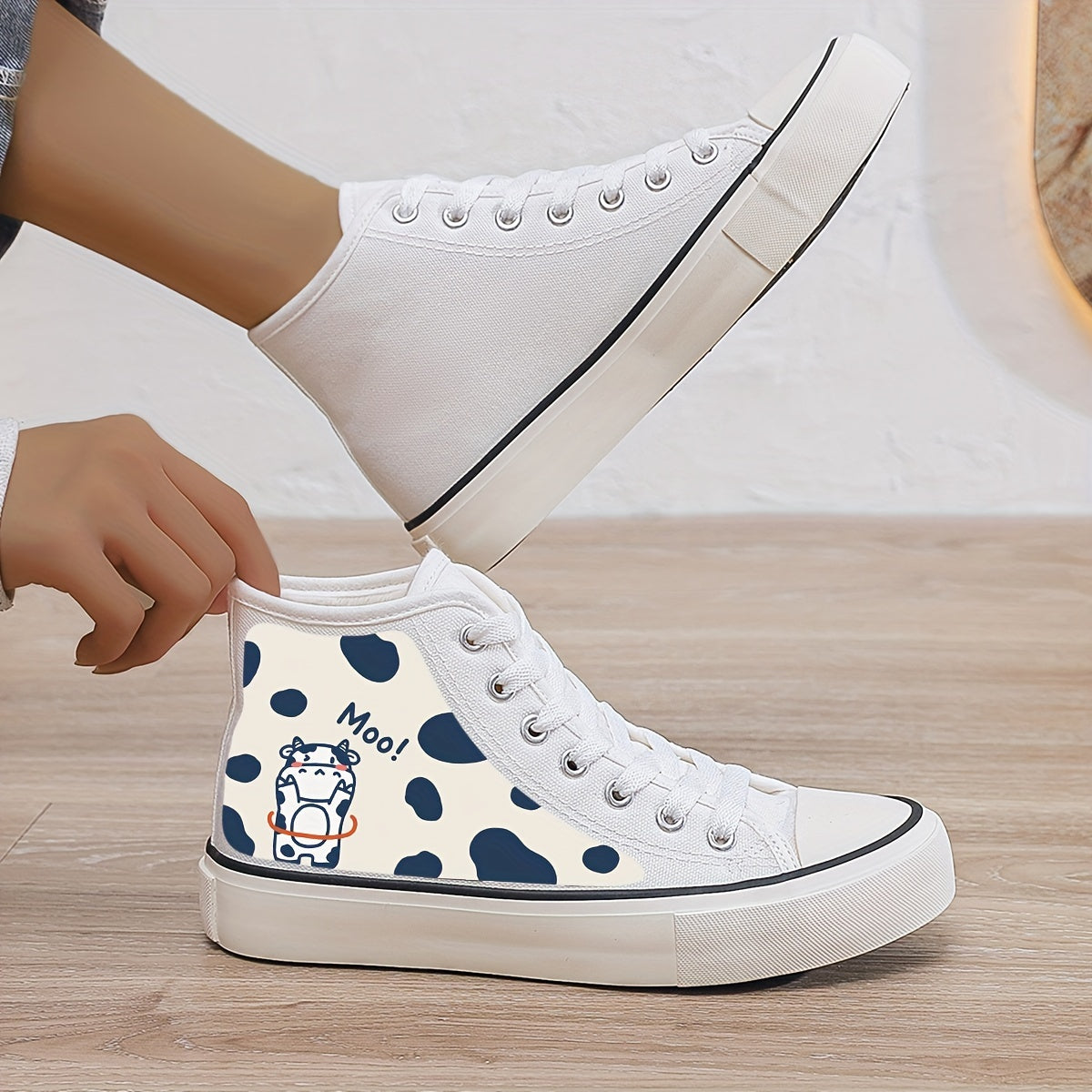 Cow Print Plush Lined Thermal Chunky Canvas Sneakers Flat High