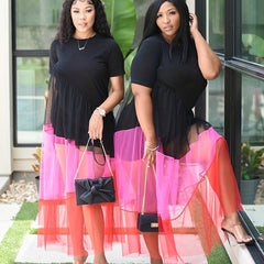 Contrast Mesh Short Sleeve Round Neck Layered Smock Maxi Dress