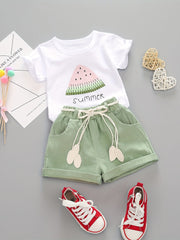 Baby Watermelon Print Summer Suit Round Neck T-shirt & Shorts Set