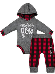 Baby Boys Hooded Romper & Plaid Pants Set for Autumn & Winter