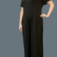 Solid Round Neck Short Sleeve Wide Leg Jumpsuit