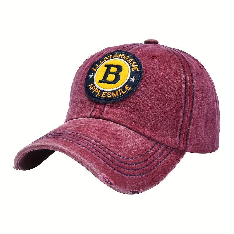 B Letter Embroidery Baseball Cap Washed Distressed Peaked Cap