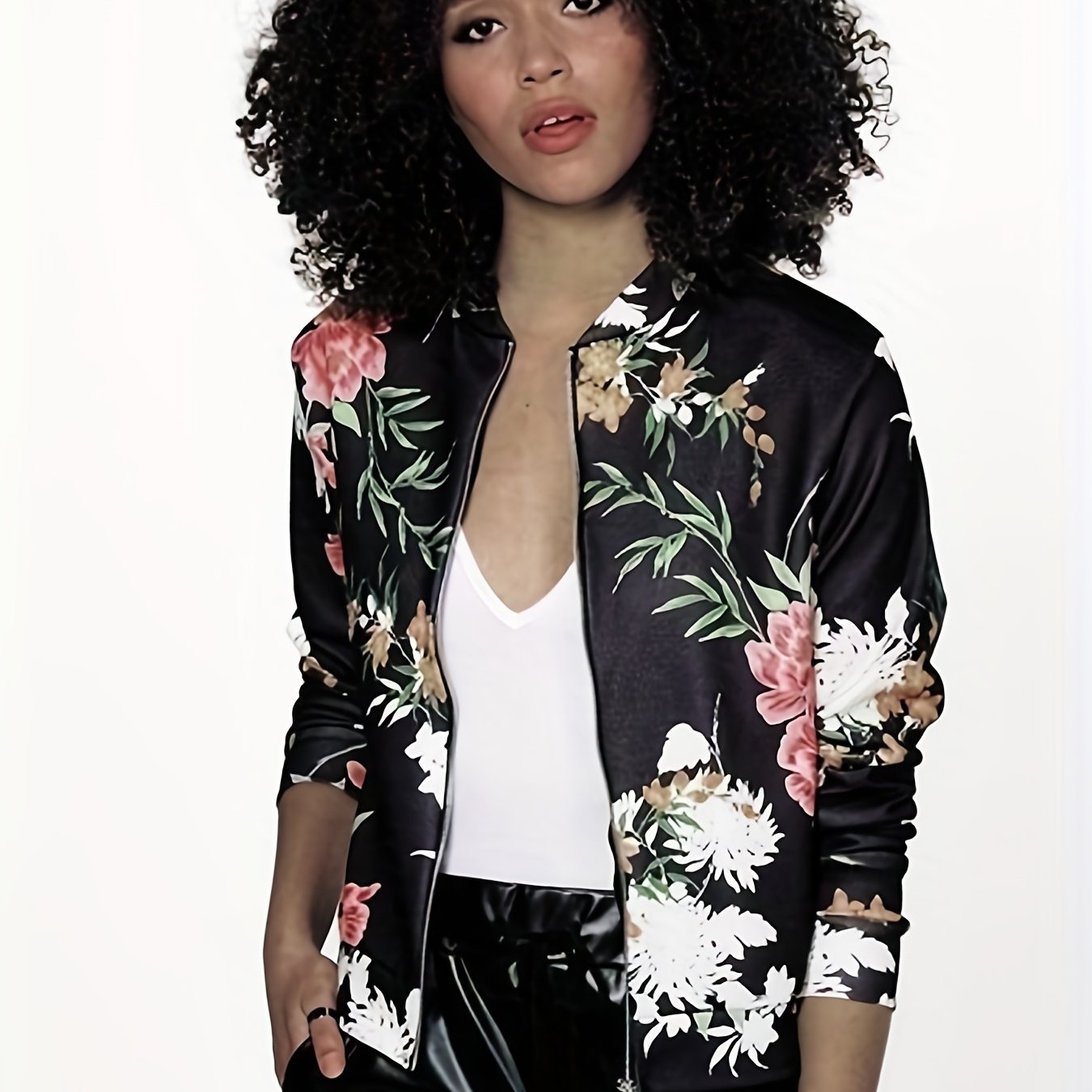 Floral Print Zip Up Jacket Women's Outerwear