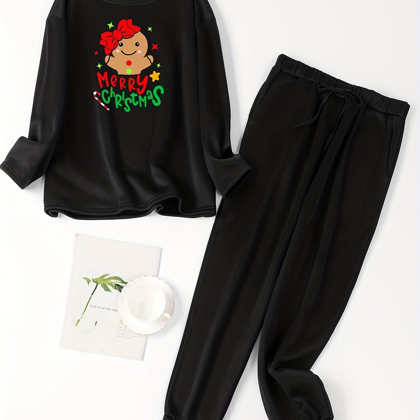Gingerbread Man & Letter Print Fleece Top & Tie Pants Pajamas Set