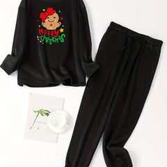 Gingerbread Man & Letter Print Fleece Top & Tie Pants Pajamas Set