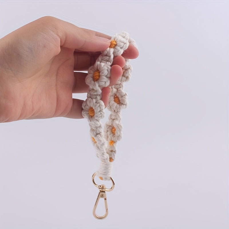 Daisy Flowers Macrame Keychain Wrist Lanyard for Women & Girls