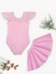 Girls Dance Dress Gymnastics Suit Crew Neck Fly Sleeve Bodysuit