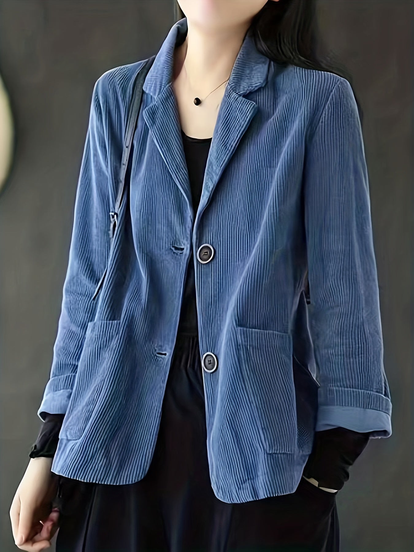 Solid Button Front Jacket Casual Long Sleeve Pocket Front Outerwear